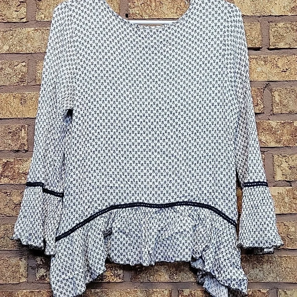 Living Doll Los Angeles Navy White Asymmetrical Hem Peasant Boho Top Size Large